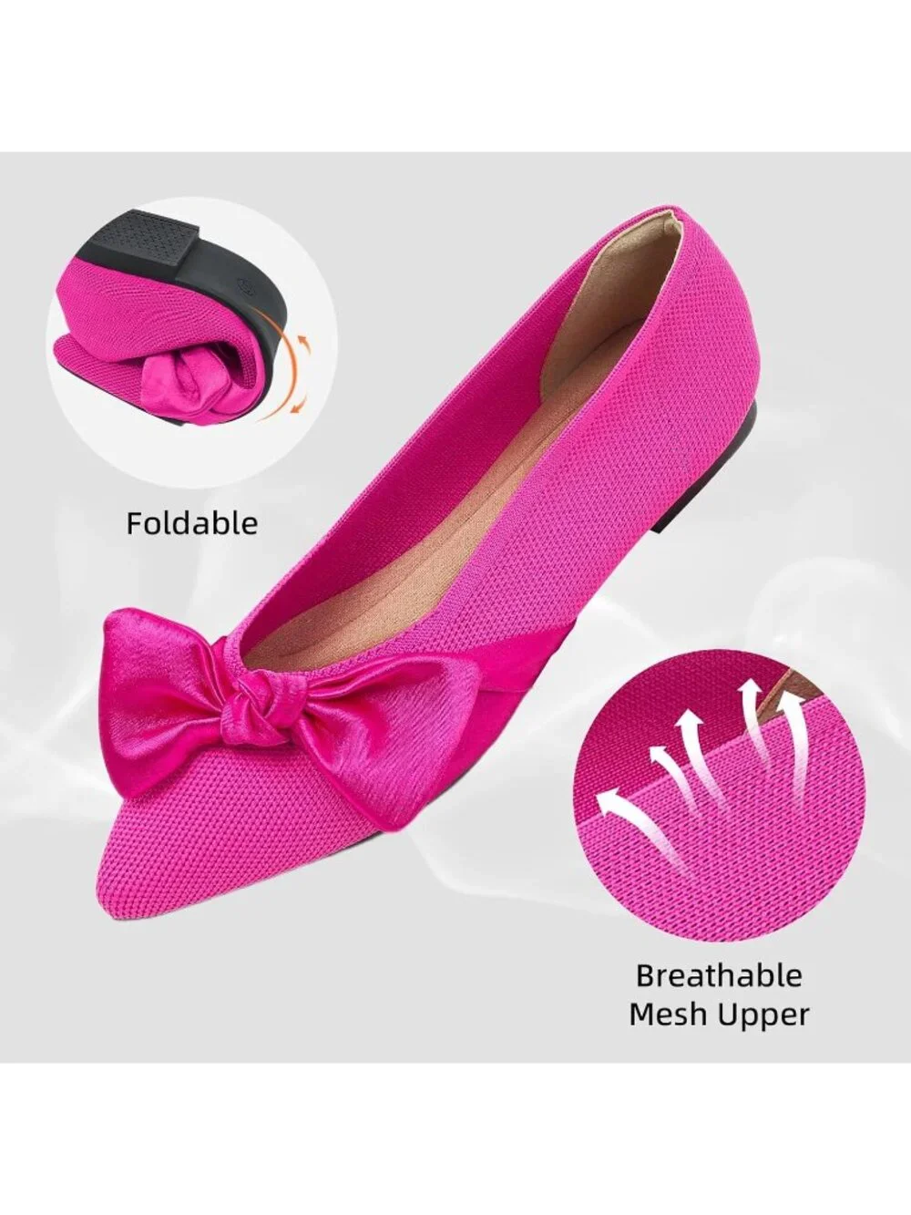 Women's Pink Mesh Pointed Toe Ballet Slip On Comfortable  Flats with Bow Shoes
